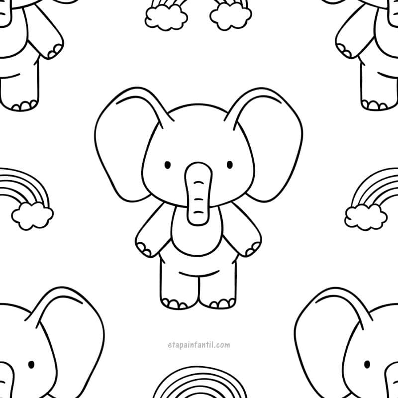 Dessin kawaii d'un éléphant à colorier.